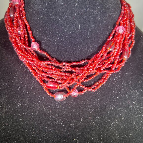 Multi-layered Red Bead Statement Necklace - Picture 2 of 5